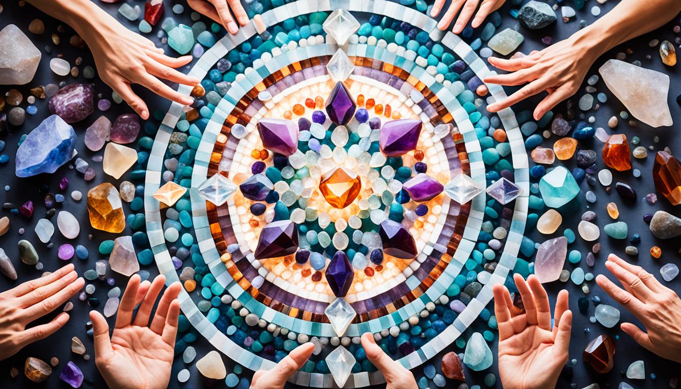 An image of a crystal grid with a variety of gemstones in muted tones, arranged in a pattern that suggests the flow of energy. Light shimmers off the surface of the crystals, and there is a sense of movement and dynamism to the overall composition. A pair of hands can be seen hovering over the crystals, as though in the act of performing a manifestation ritual. The background is dark, with subtle hints of stars or galaxies in the distance.