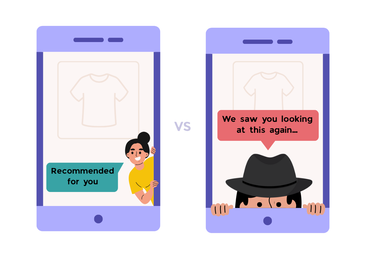 two cell phones showing two metaphors for two different types of ecommerce personalization. One of which is creepy, the other is value led