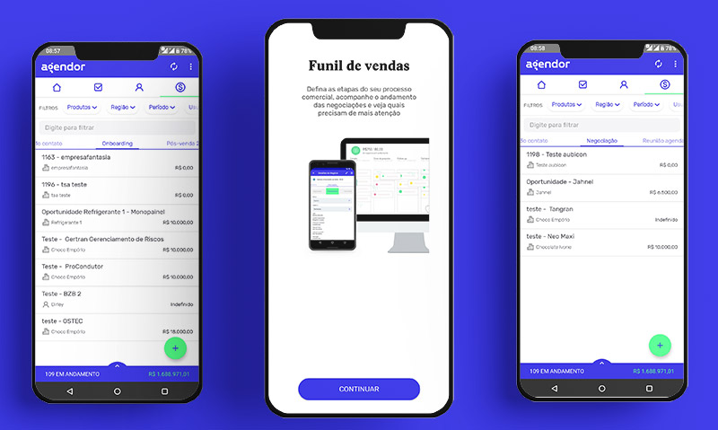 Imagem demonstrando a interface mobile do aplicativo Agendor em três telas de smartphone. A tela central apresenta uma explicação introdutória sobre o funil de vendas com um botão de "Continuar", enquanto as telas laterais mostram a visualização do funil em andamento com diversas negociações e valores associados. O fundo azul destaca o layout moderno do app. Ideal para conteúdos sobre aplicativo de vendas, funil de vendas no celular, gestão comercial e CRM mobile.