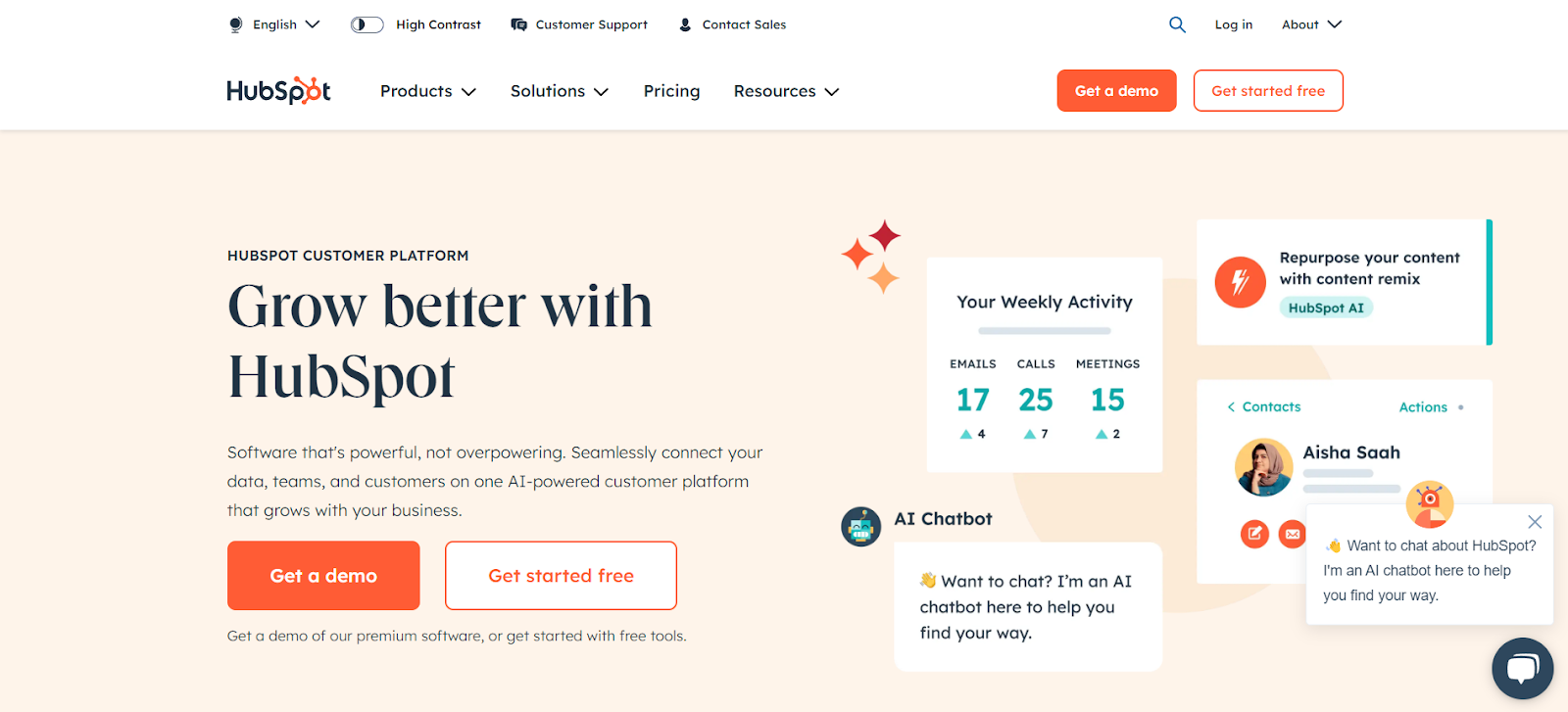 Hubspot's landing page displaying the customer platform. It includes buttons to "get a demo" or "get started for free."