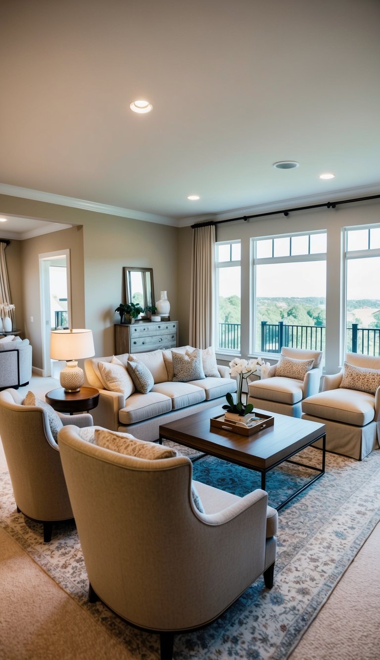 A cozy seating area in a spacious master bedroom, featuring a comfortable sofa, plush armchairs, and a stylish coffee table