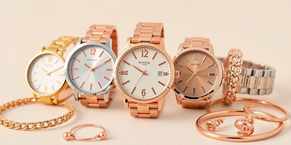 Watches and jewelry in gold, silver, and rose gold.