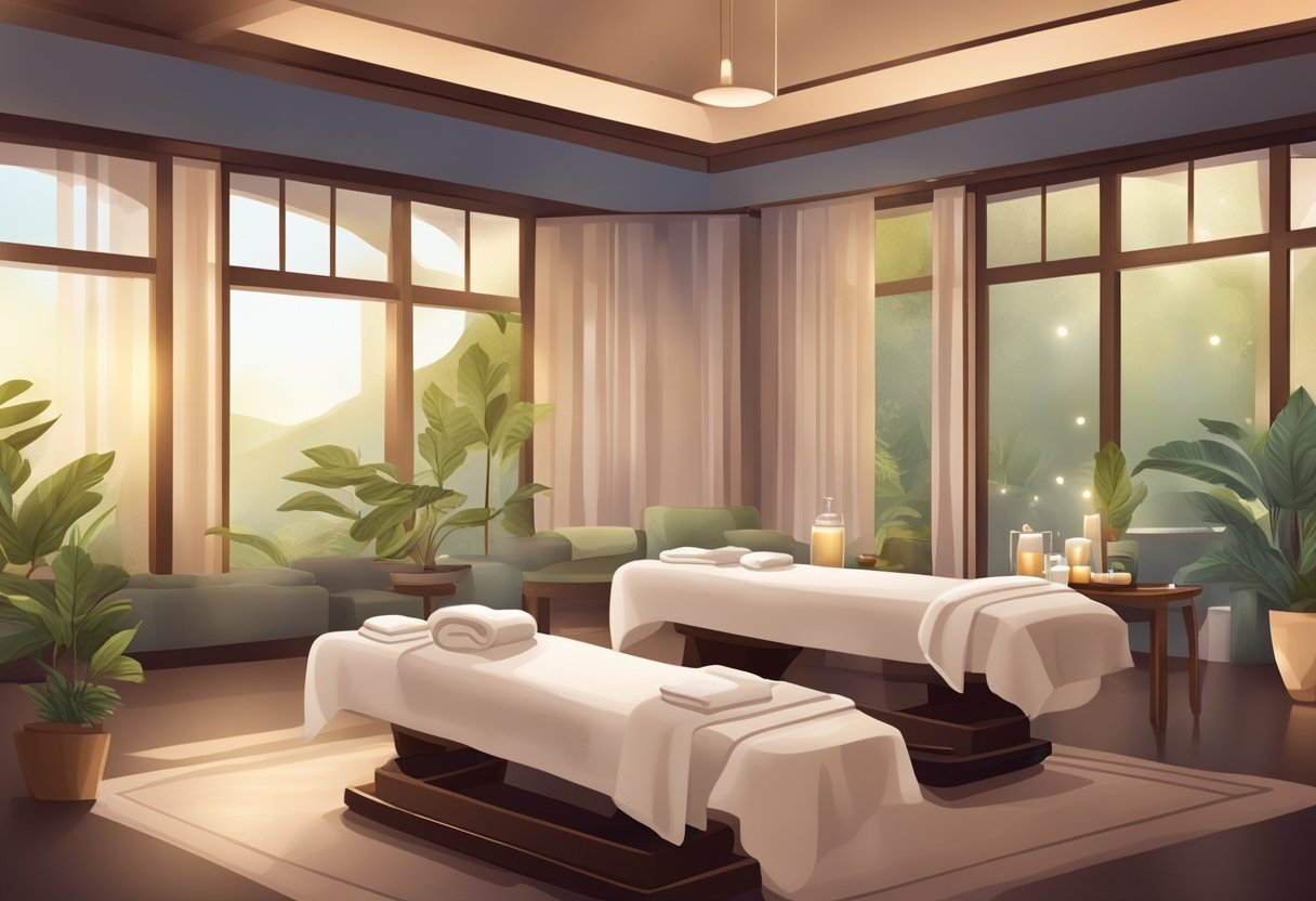 A serene spa with plush robes and towels, dim lighting, and soothing music. A menu of luxurious treatments and a tranquil waiting area with herbal tea