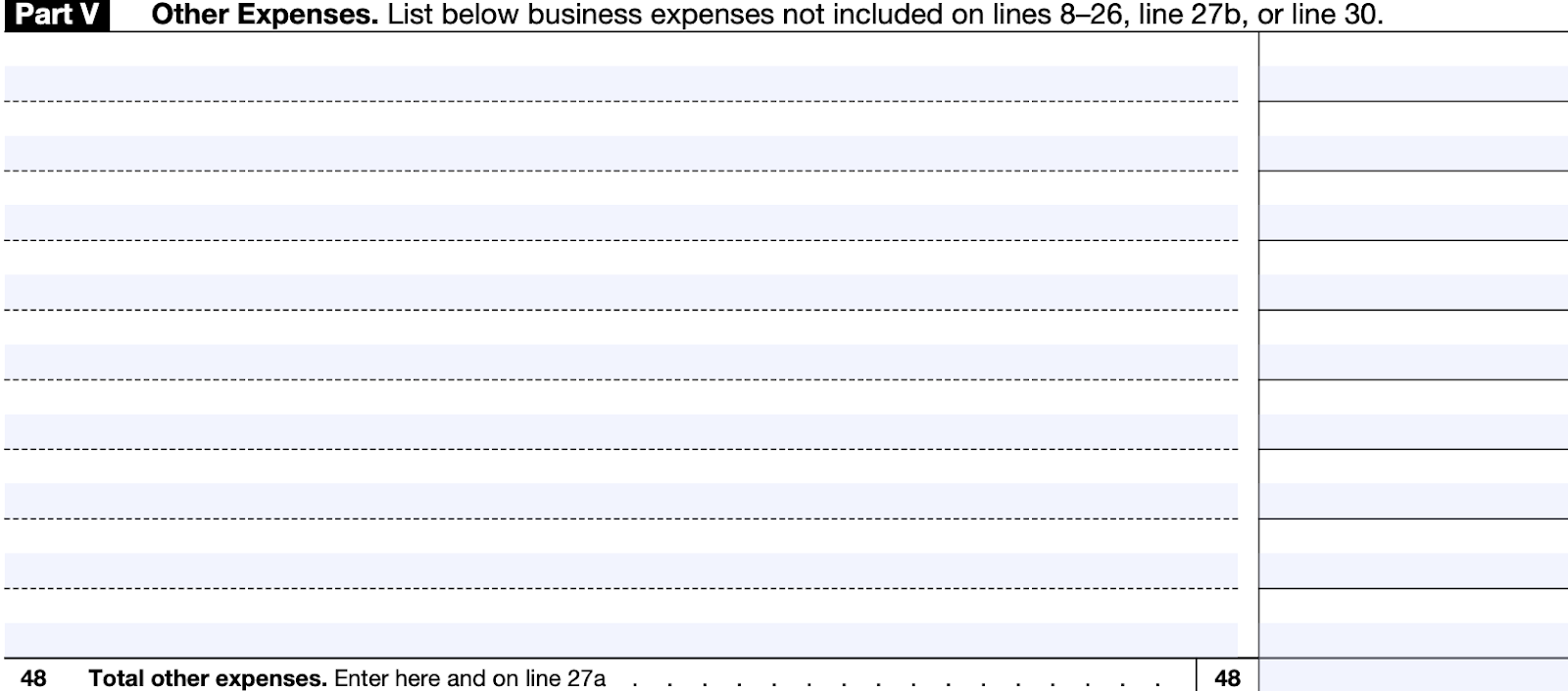 A screenshot of Part V: Other Expenses on Schedule C (Form 1040)