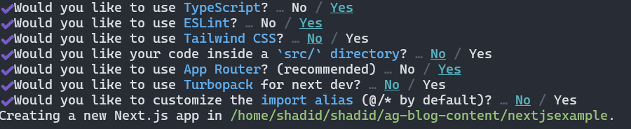 Next.js cli prompt to create a new application