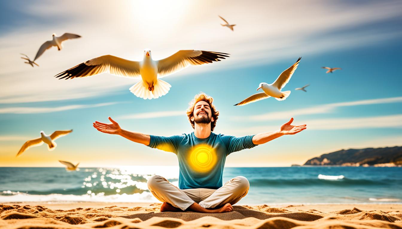 A person sitting cross-legged on a beach, with their eyes closed and arms outstretched towards the horizon. Above them, a golden aura emanates from their body, symbolizing the manifestation of wealth. The ocean in front of them is calm and serene, with a few boats in the distance suggesting adventure and exploration. A seagull flies overhead, representing freedom and possibility. The sand around them is warm and inviting, with seashells scattered around them as symbols of abundance. The overall tone of the image should be peaceful, joyful, and hopeful.