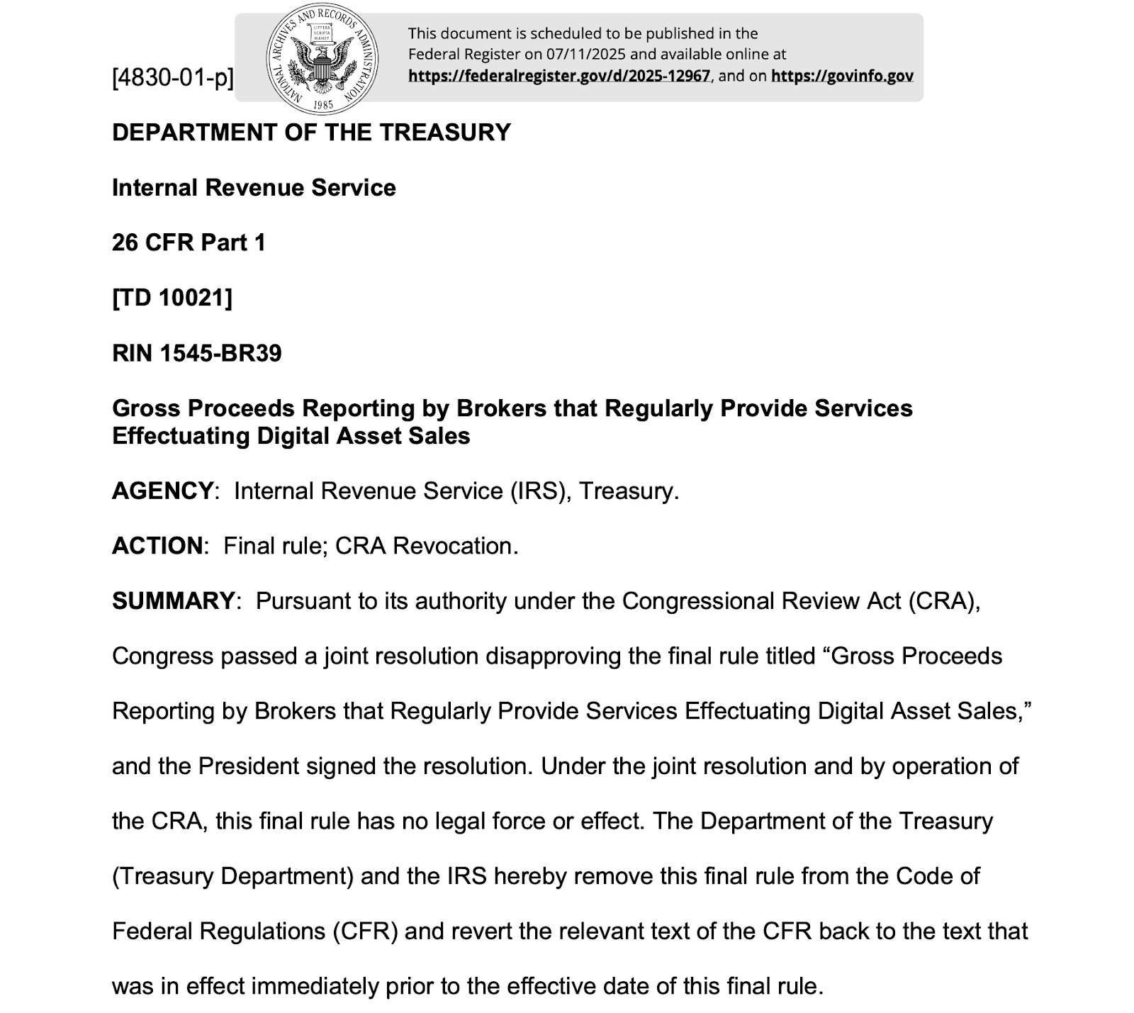 US Treasury Officially Scraps Crypto Broker Reporting Rules After Congressional Vote