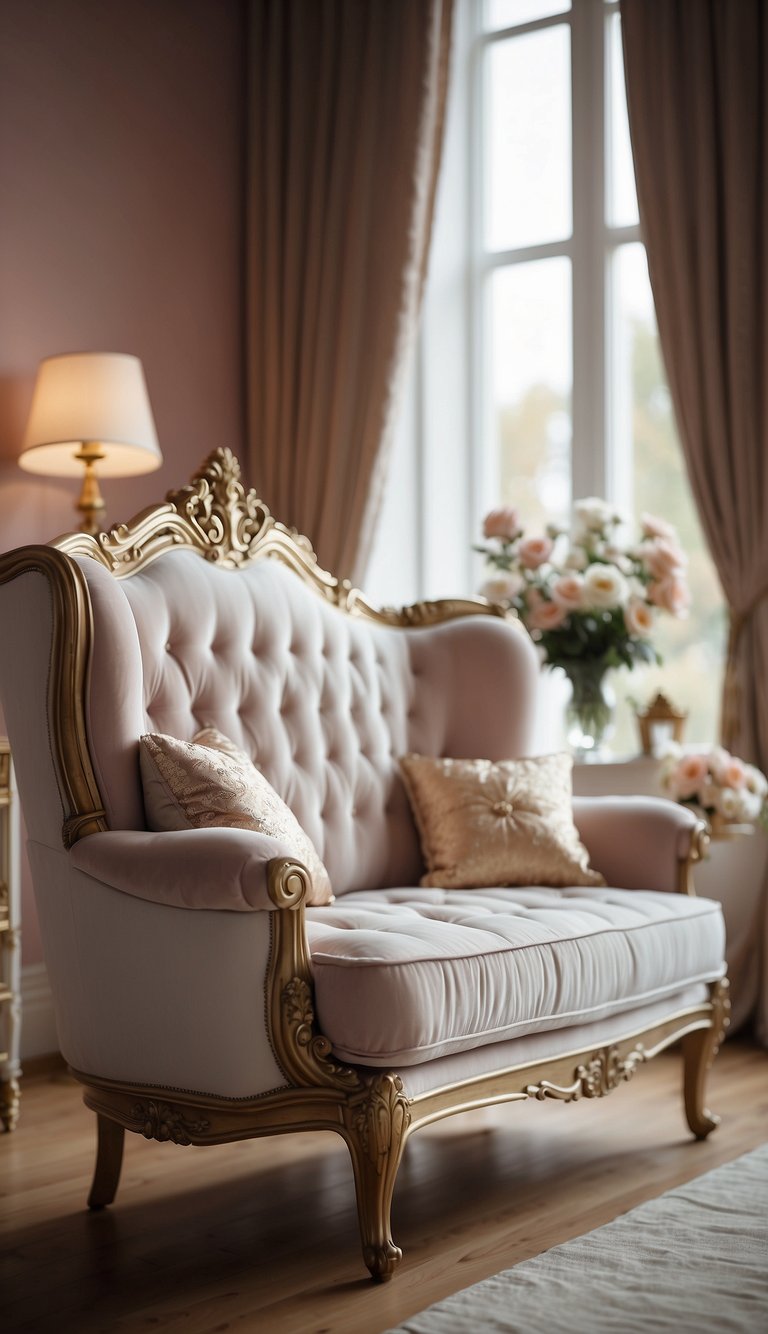 A plush castle sofa sits in a princess bedroom, surrounded by 23 ideas for royal decor