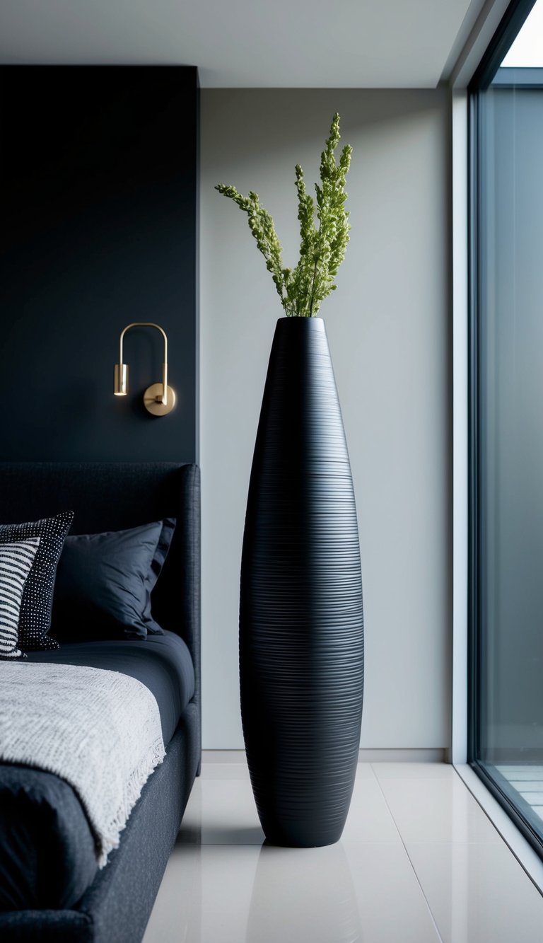 A sleek jet black floor vase sits in a modern, minimalist bedroom with a color scheme of black and gray