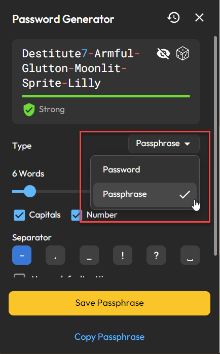 Screenshot showing Keeper's new built-in passphrase generator. 