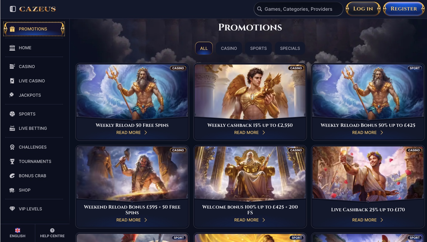 Cazeus casino promotions page