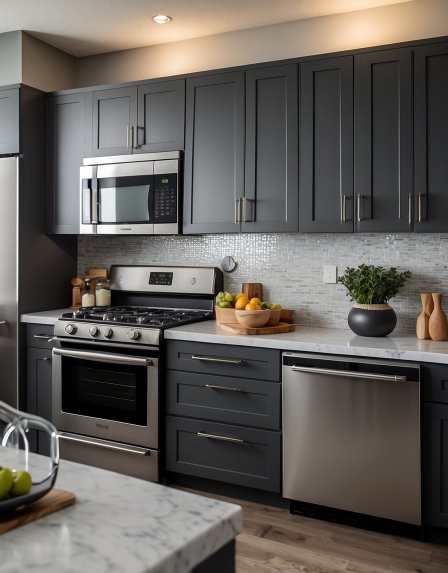 A sleek kitchen with Pewter Perfection 32 Dark Gray cabinets, stainless steel appliances, and granite countertops