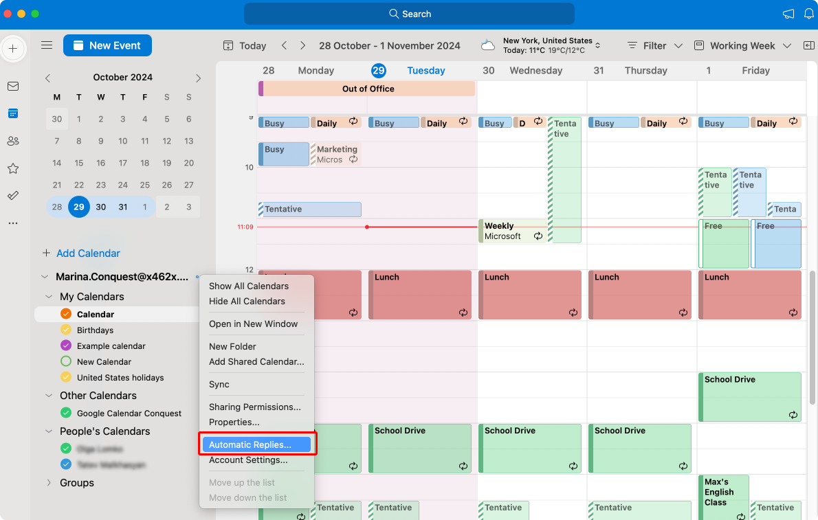 Pic. 9. Navigating to “Automatic Replies” in Outlook for Mac.