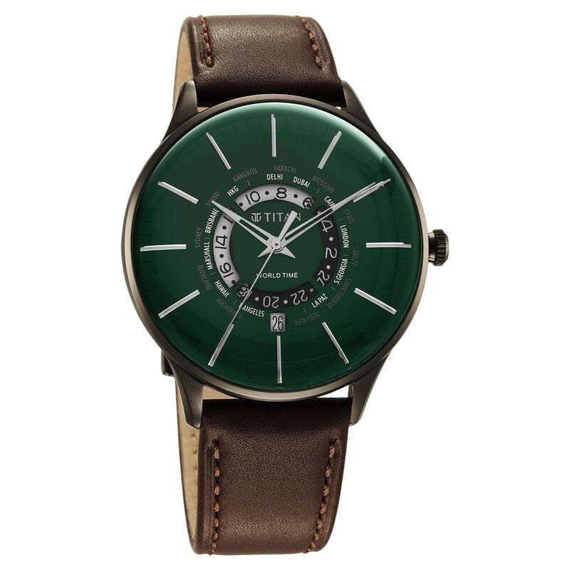 Titan Green Dial World Time with Date Leather Strap watch for Men - image number 0