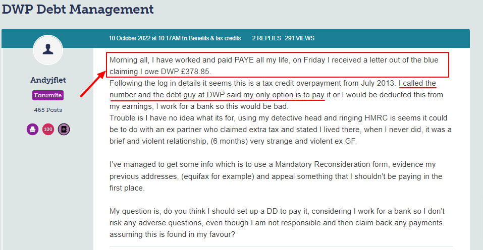 Screenshot taken from a forum Money Saving Expert about a question asked by a UK citizen regarding DWP Debt Management Letter.