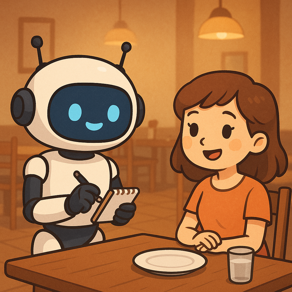 cartoon chatbot taking a woman's order in a restaurant