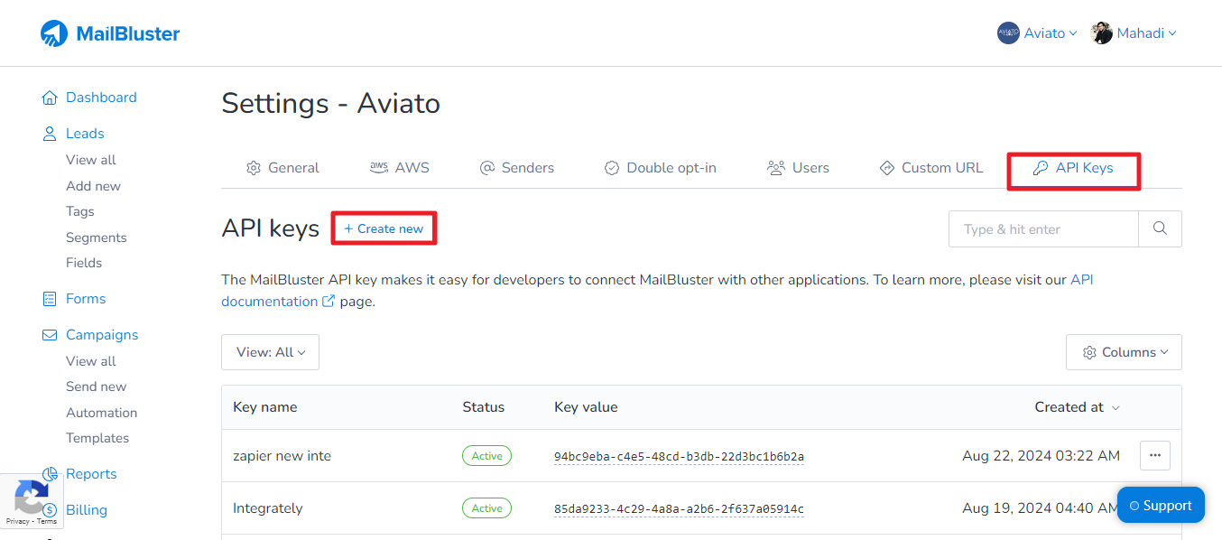 Creating API key on MailBluster