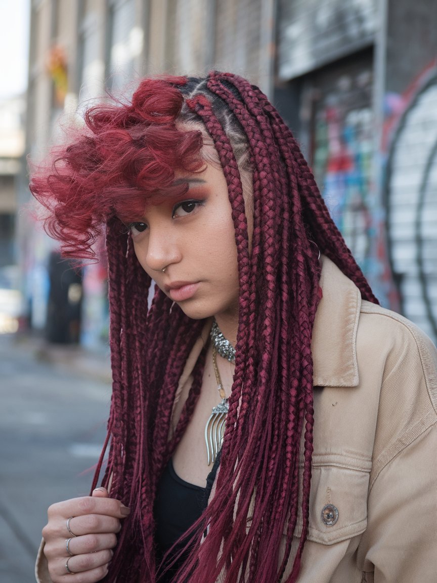 24. Burgundy Braids with Bold Red Curls