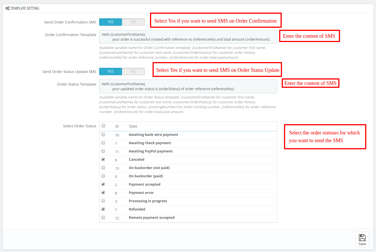 template setting