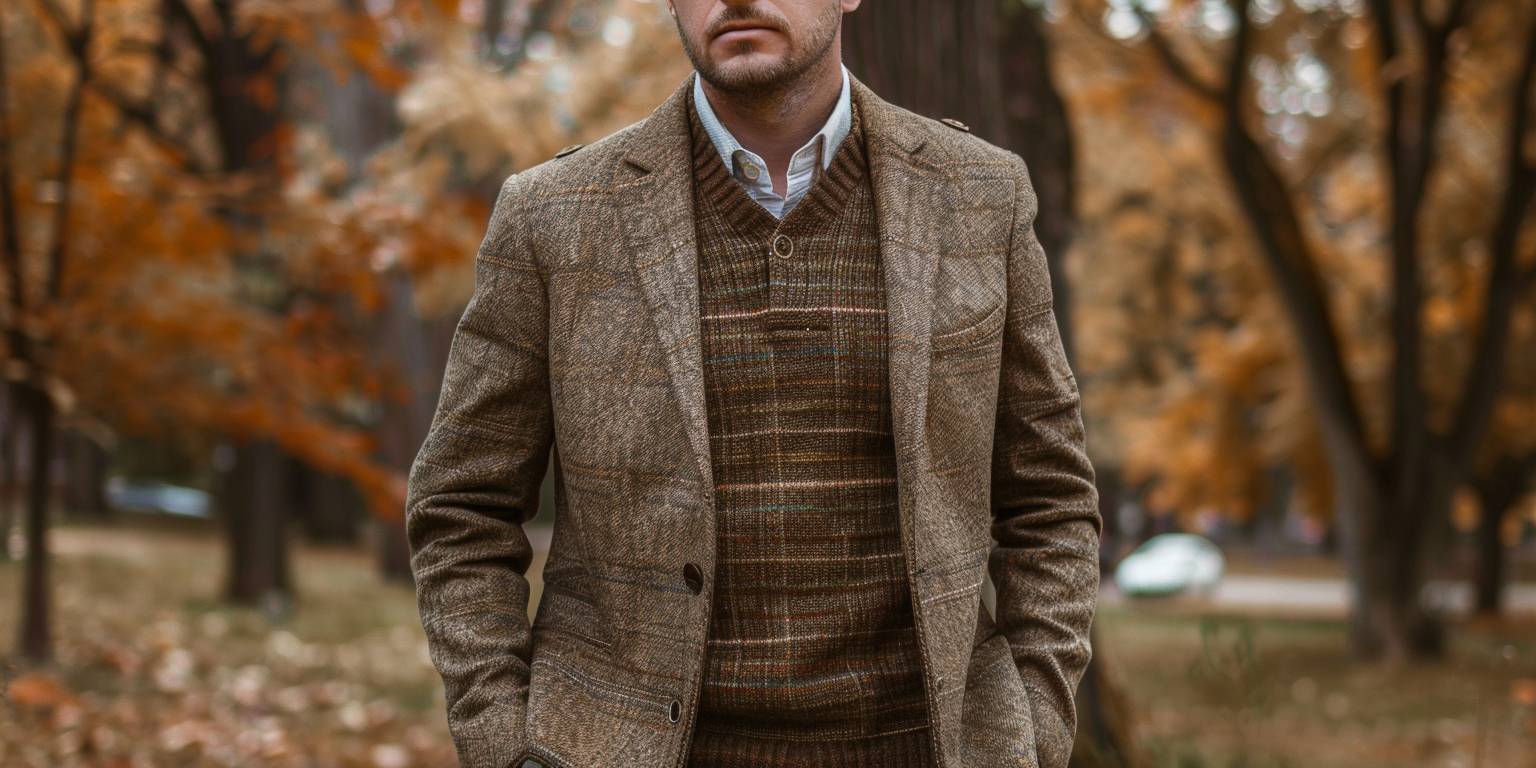 a man in a brown tweed sport coat with elbow patches, layered over a sweater and dress shirt, in a rustic autumn park setting, smart casual menswear