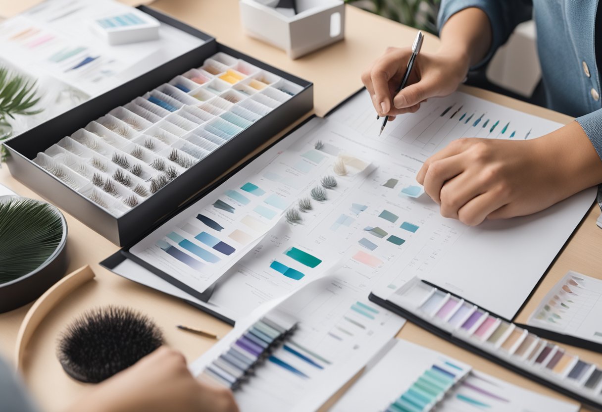 A lash technician sits across from a client, discussing lash design options. Charts and samples are spread out on the table for reference