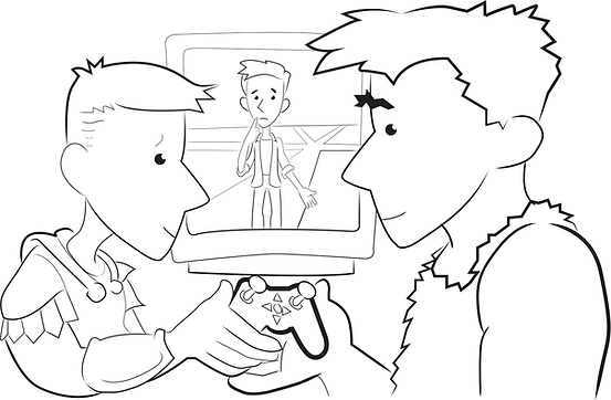 A black and white drawing of two men playing video games

Description automatically generated