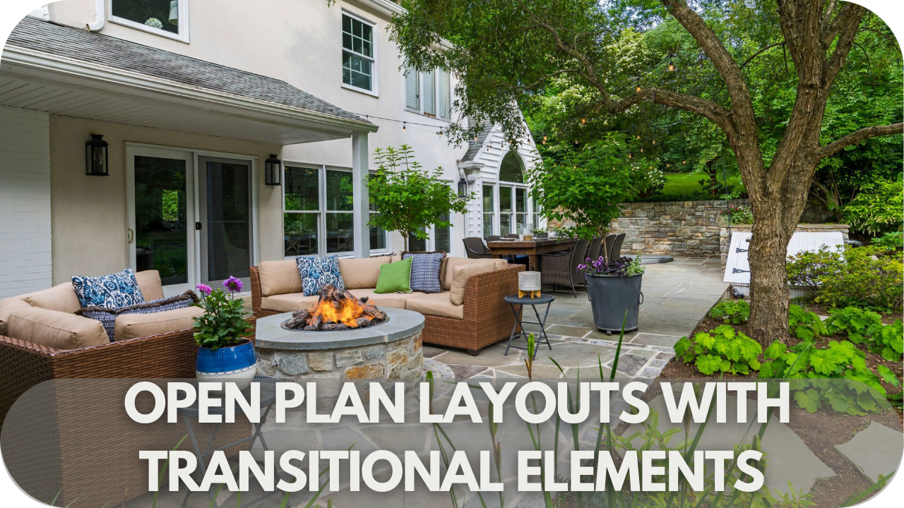 Embrace open-plan layouts with transitional elements, using natural stone to create a smooth flow between indoor and outdoor living areas, enhancing space and light.