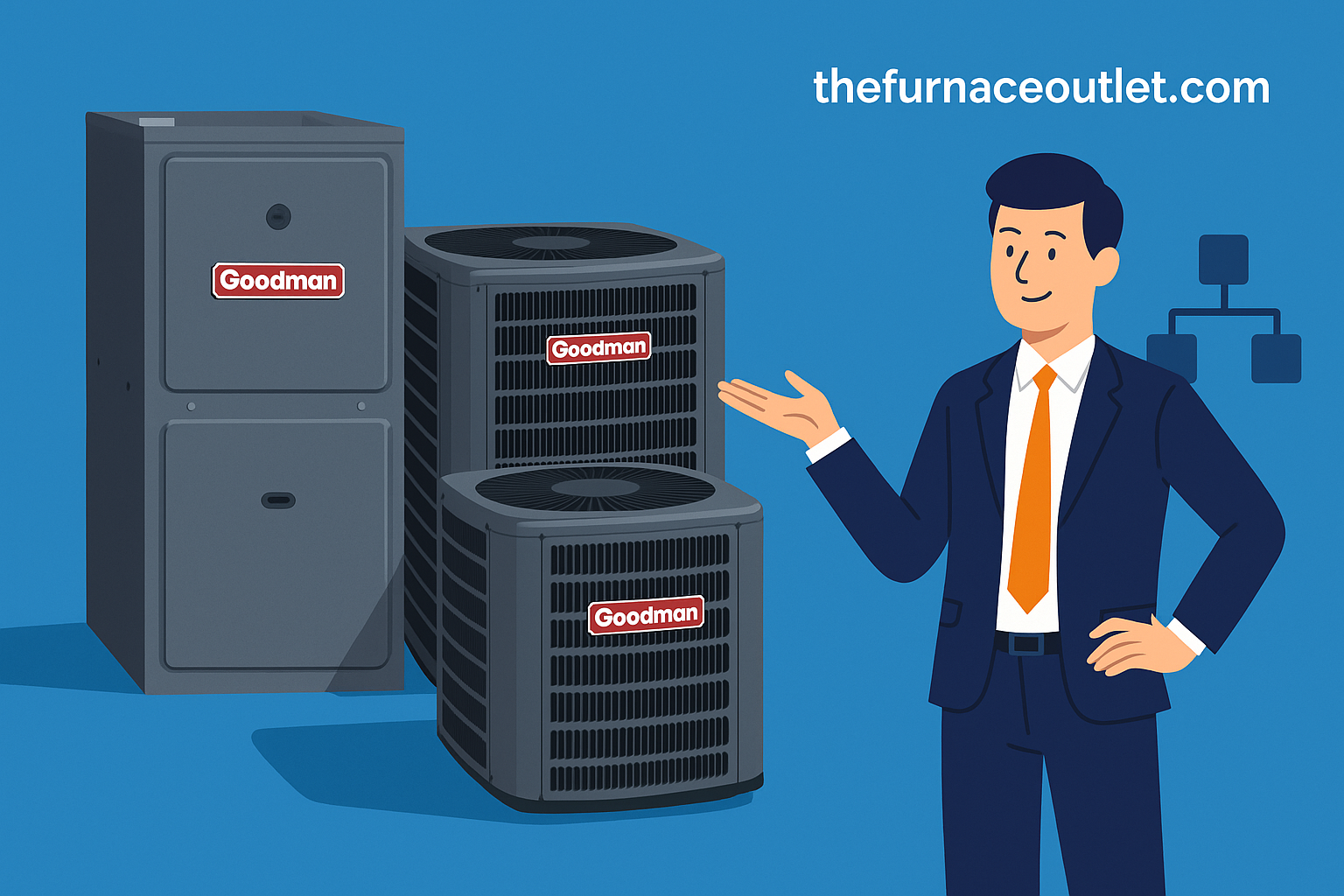 A 2D digital illustration on thefurnaceoutlet.com shows a professional businessman presenting three Goodman HVAC units—two AC condensers and a furnace—set against a blue background, symbolizing how scratch and dent products can diversify HVAC business models