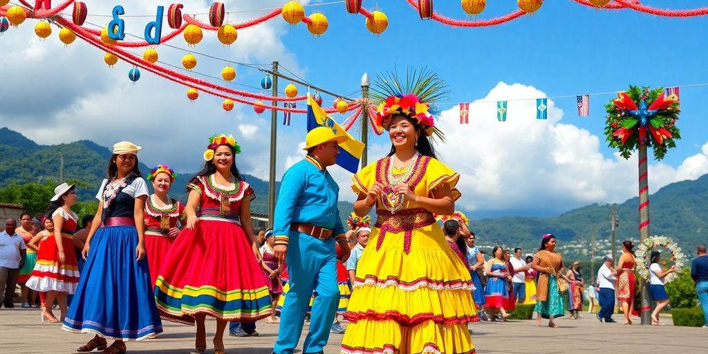 Fête culturelle en Colombie avec danseurs colorés.