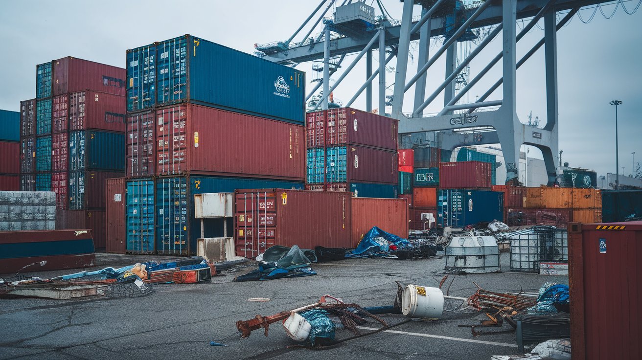 A port area with stacks of colorful cargo containers alongside scattered debris and unused materials, highlighting supply chain disruptions or operational challenges. Large cranes loom in the background, suggesting industrial activity amidst logistical issues.