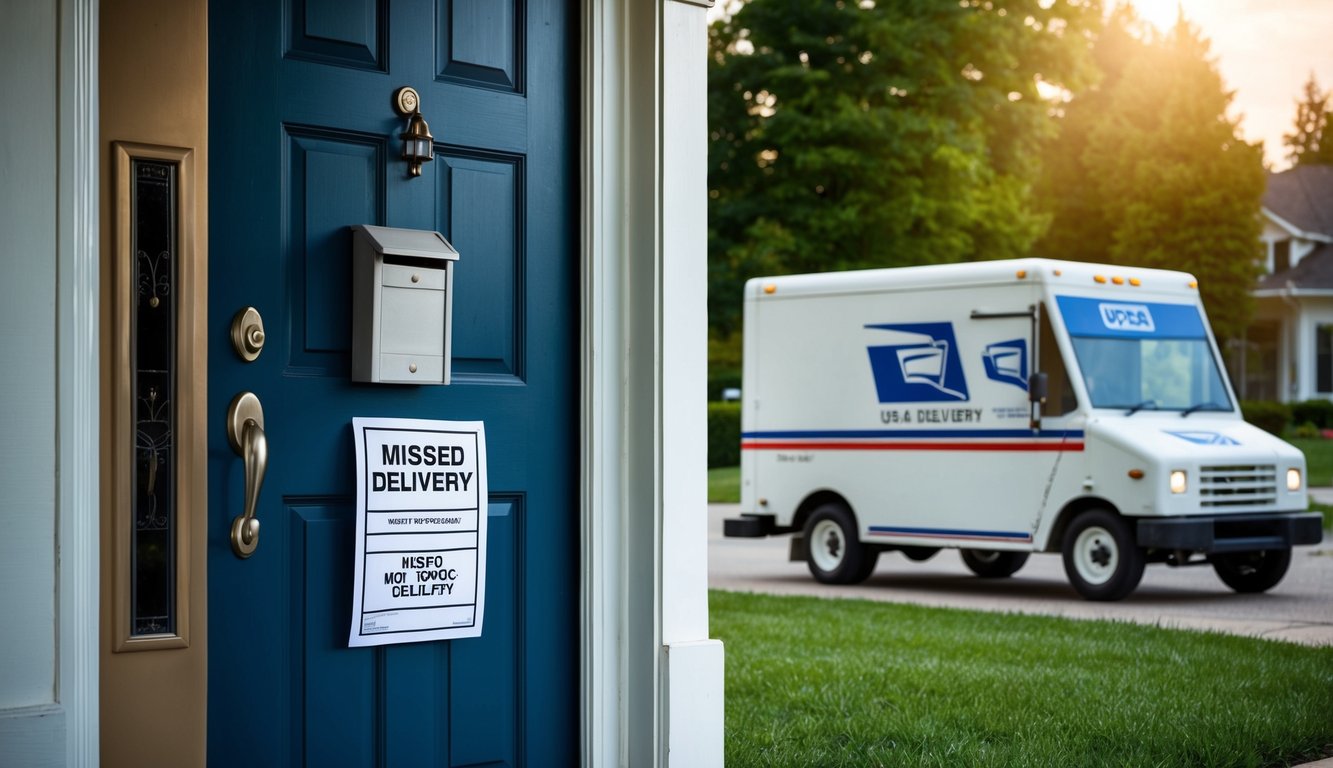 A front door with a "missed delivery" notice, a mailbox, and a USPS delivery truck driving away