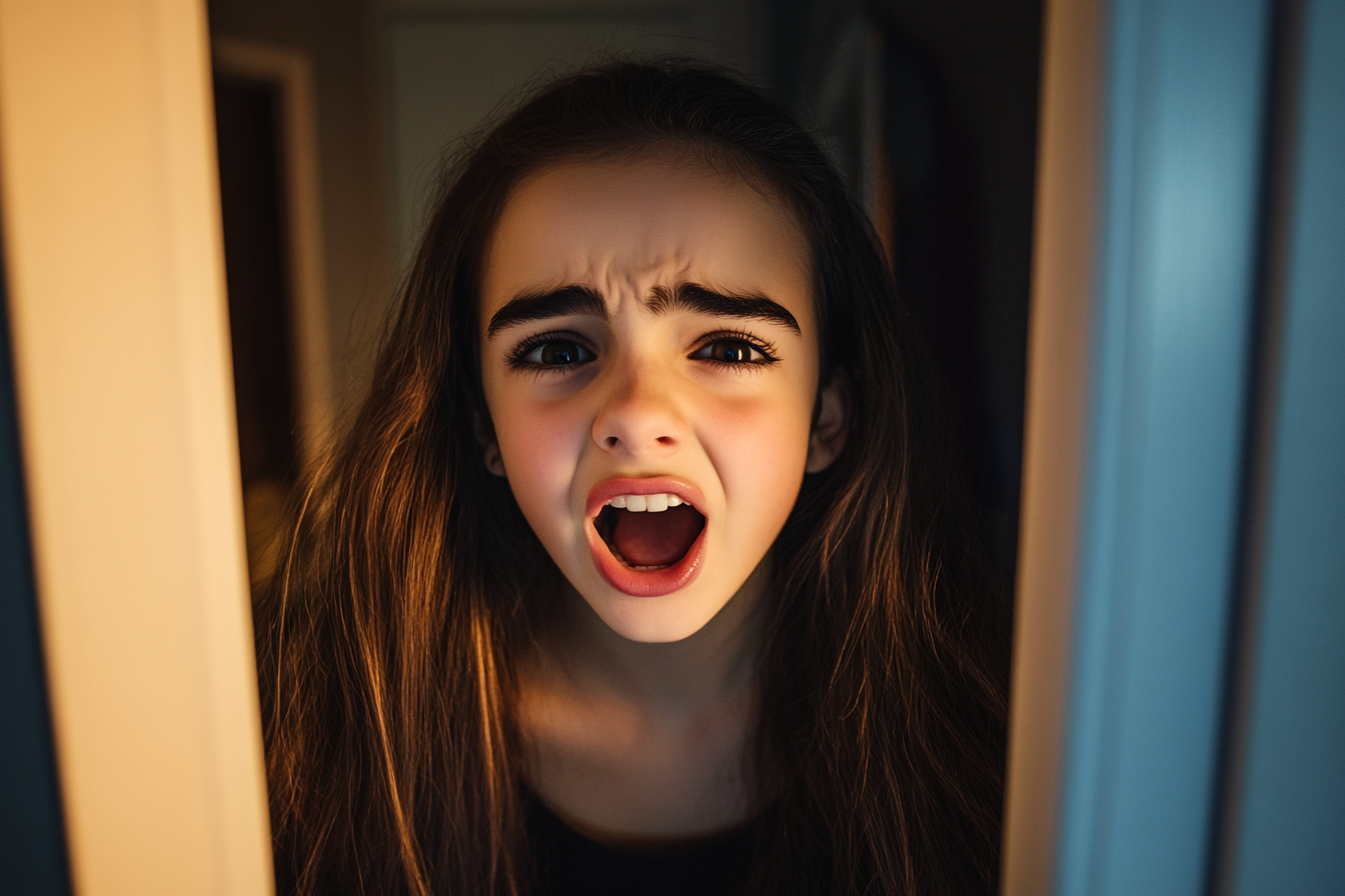 A teen girl shouting in her bedroom doorway | Source: Midjourney