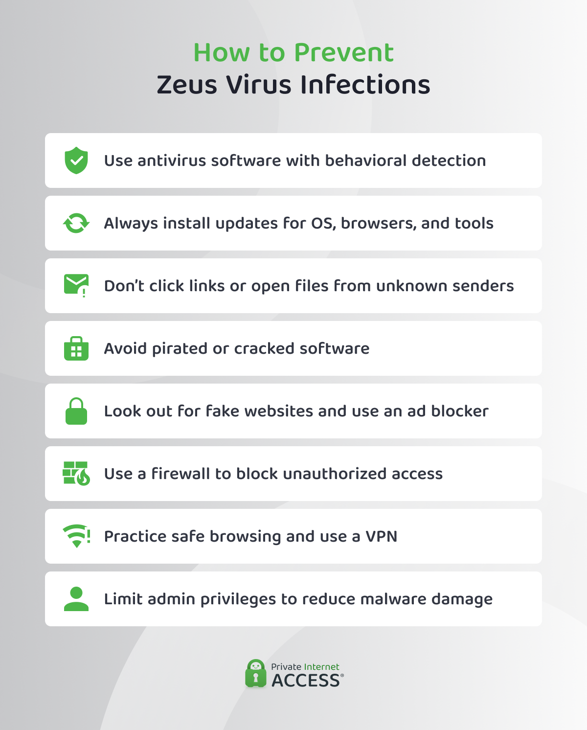 PIA-branded infographic showing a list of ways to prevent zeus virus infections