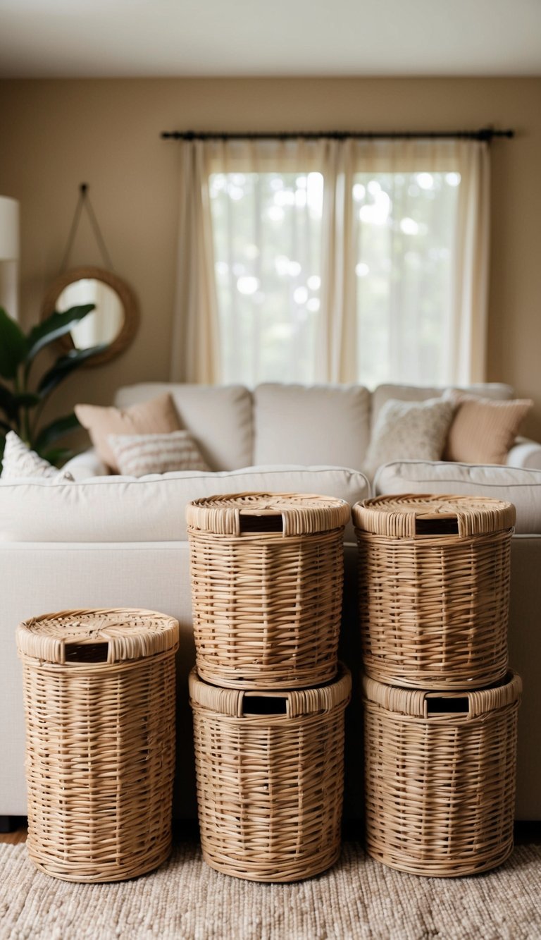 A set of beige wicker baskets arranged in a cozy living room with beige decor