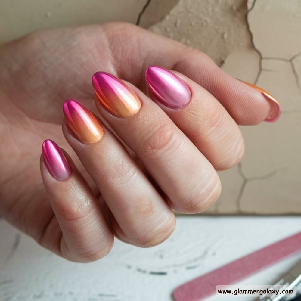 Orange and Pink Summer Nails with Chrome Gradient Magic