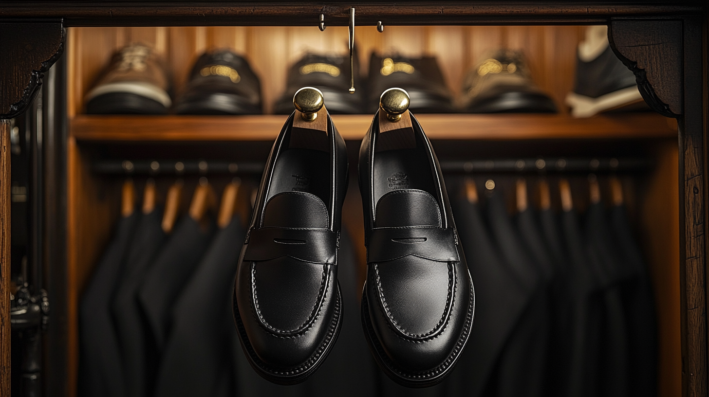 A polished pair of black leather loafers displayed beneath a black suit jacket on a hanger. The sleek yet relaxed design offers a balance of sophistication and comfort, ideal for semi-formal occasions. Soft lighting enhances the fine detailing. Ultra-detailed, 8K resolution.