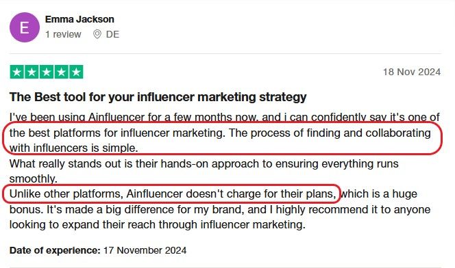 Ainfluencer review on Trustpilot