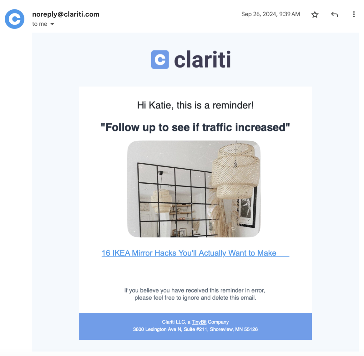 Reminder email  from Clariti to follow up on a post's performance