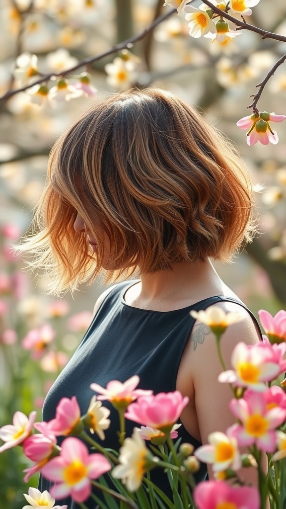 A woman with a choppy bob hairstyle and soft waves, surrounded by colorful flowers in spring.