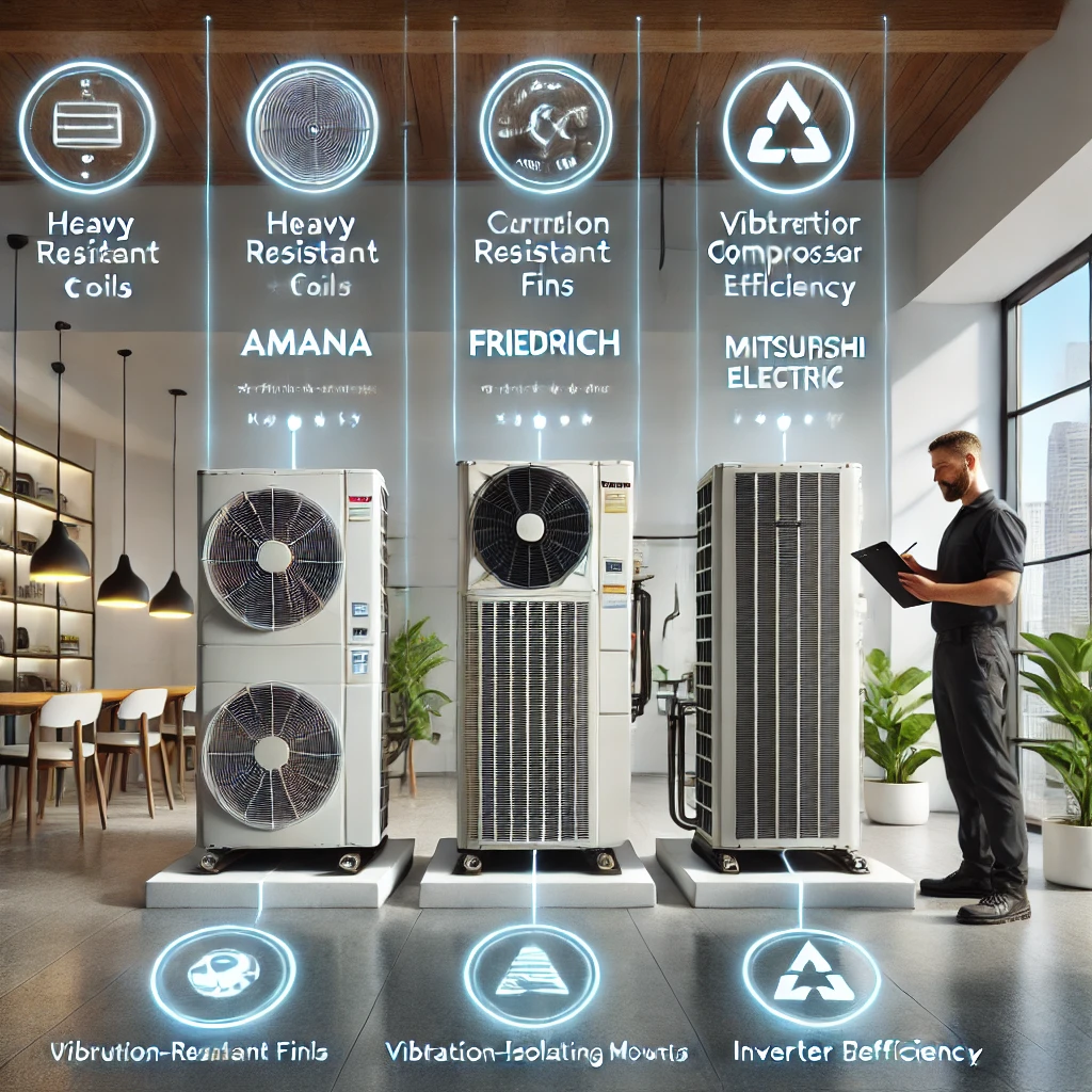 Technician evaluating PTAC units from Amana, Friedrich, and Mitsubishi Electric with indicators showing durability, corrosion resistance, and inverter efficiency