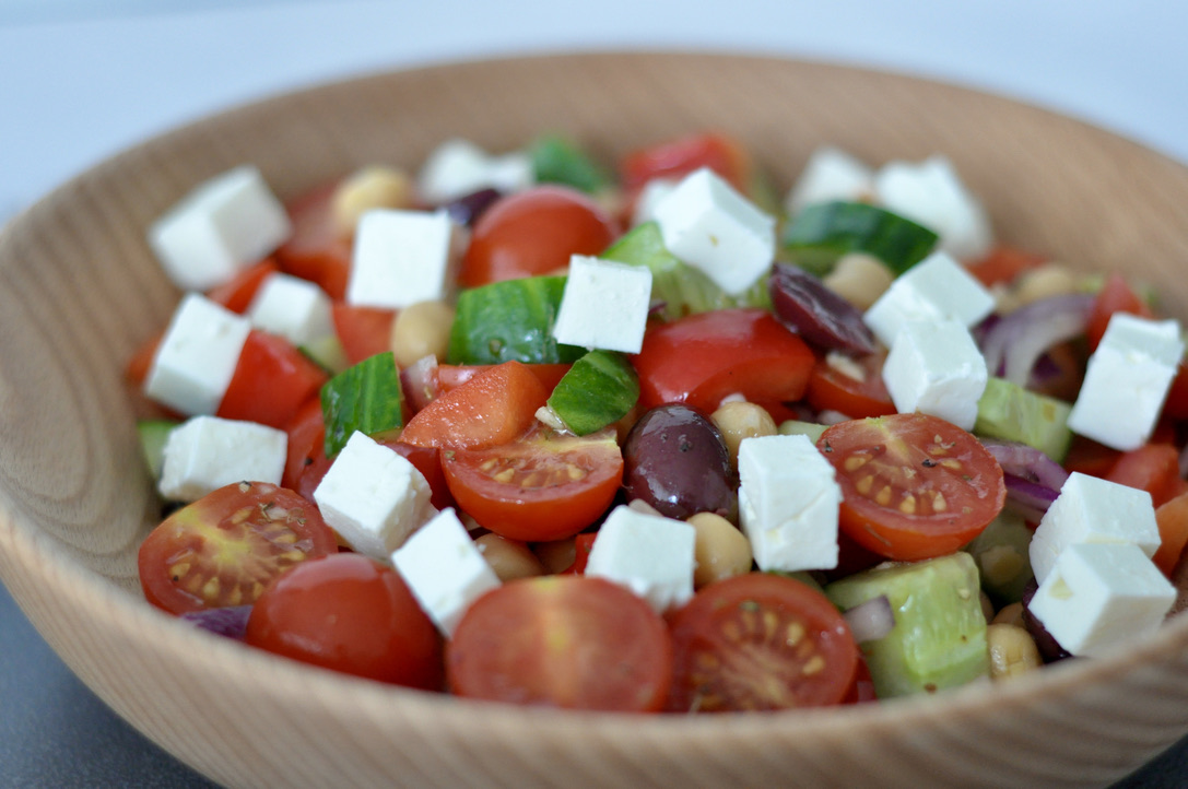 chickpea salad with diced cucumber red pepper cherry tomatoes and feta - fertility lunch recipes - WeNatal prenatal vitamins