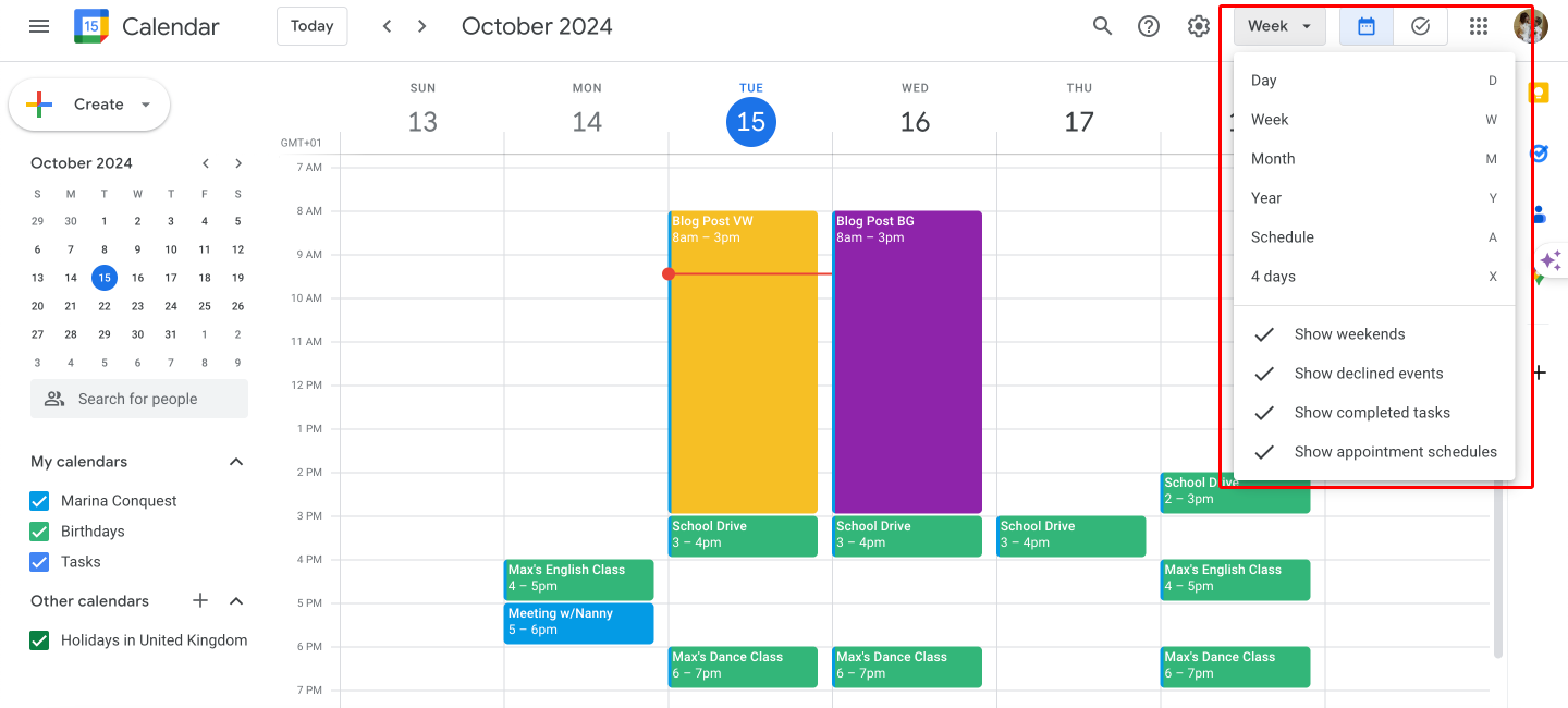 Switching between different calendar views in Google calendar.