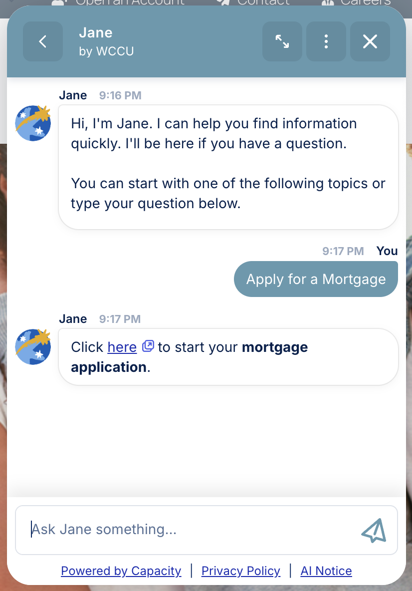 A conversation with WCCU's chat virtual agent