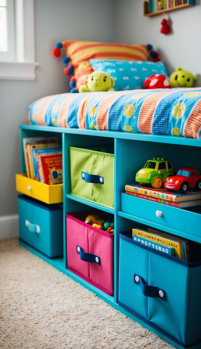 Colorful under-bed storage drawers filled with toys and books in a tidy kids' bedroom