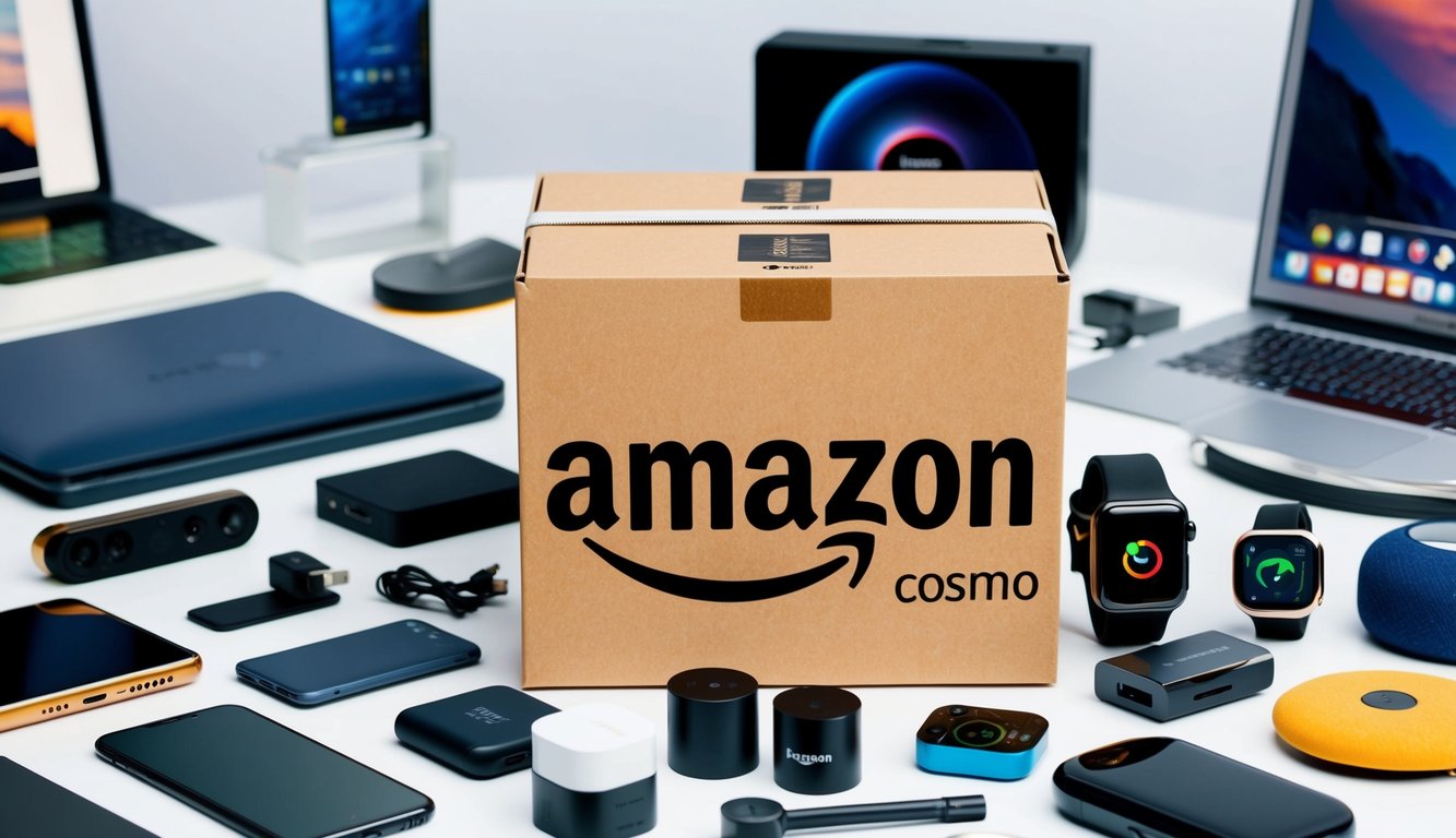 A package with the Amazon Cosmo logo surrounded by various electronic devices and gadgets