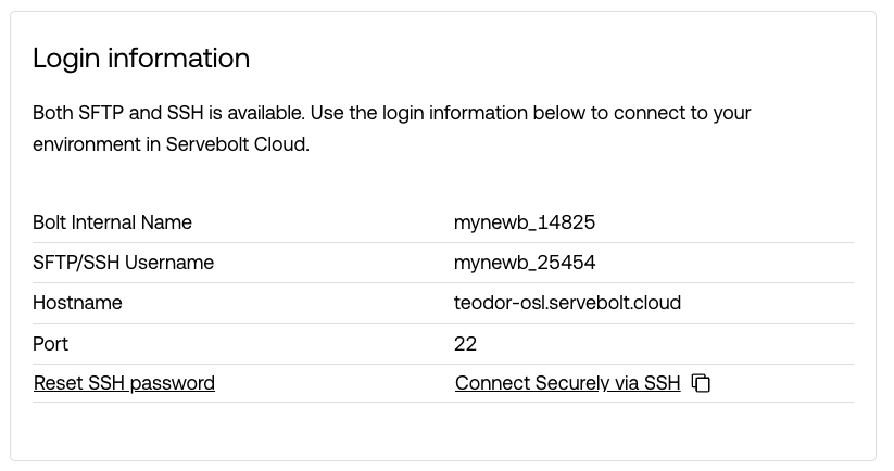 Image from the Servebolt Admin Panel, showcasing information about the "Login information" for an environment