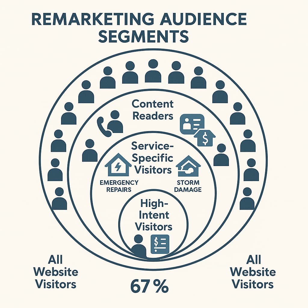 Facebook remarketing audience segmentation for roofing lead generation showing different visitor types and targeting strategies.