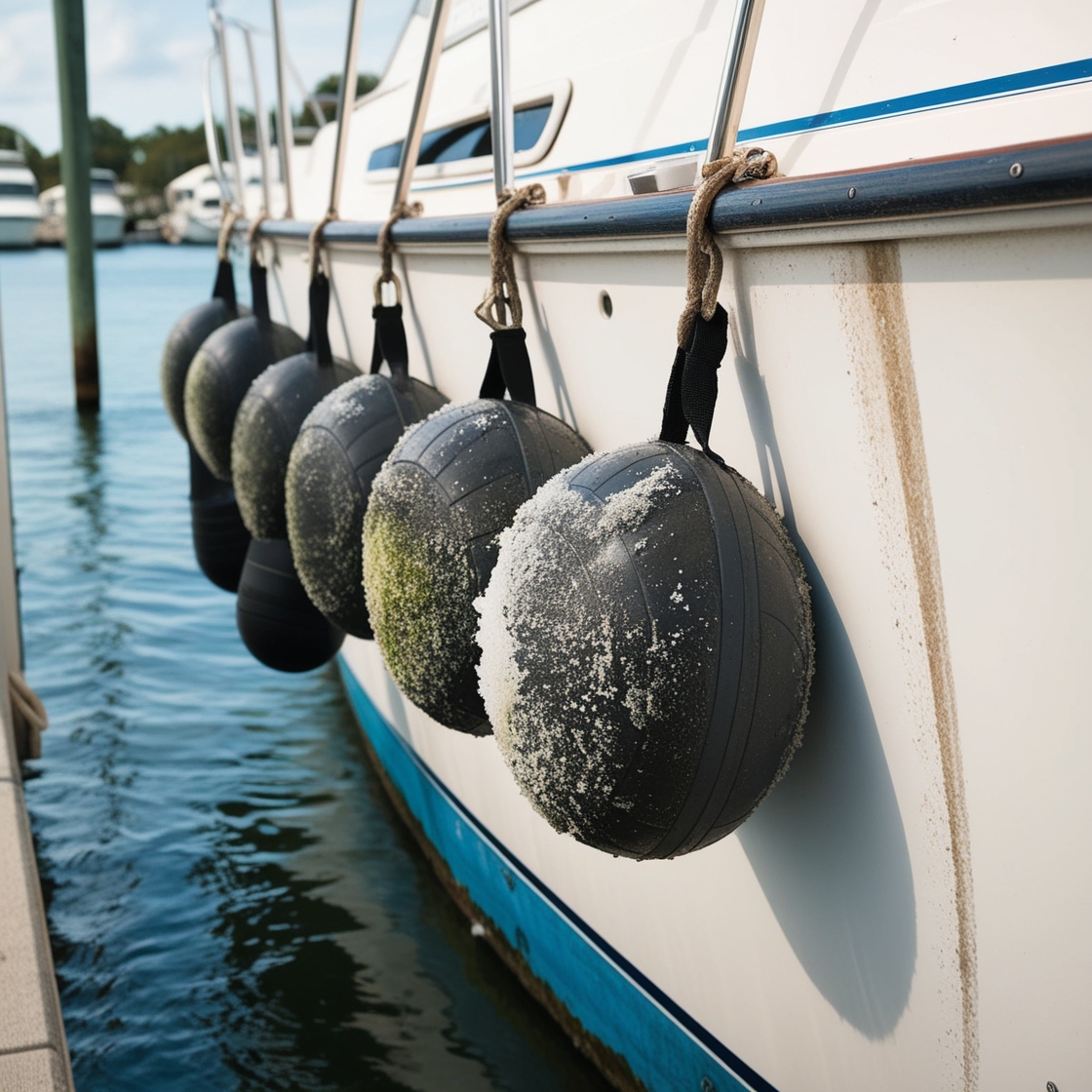 Close-up view of dirty boat fenders with salt and algae buildup