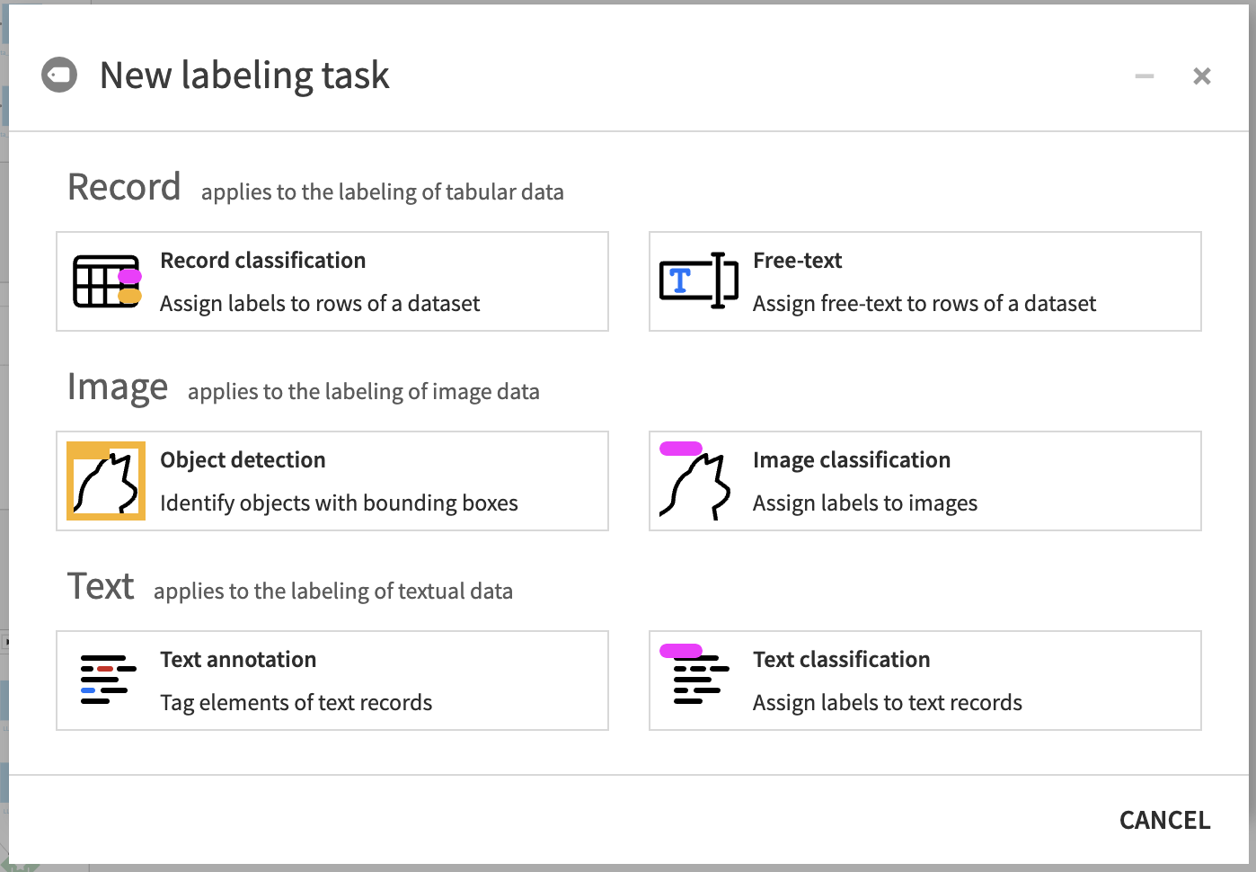 Labeling tasks in Dataiku can be done on several different data types.