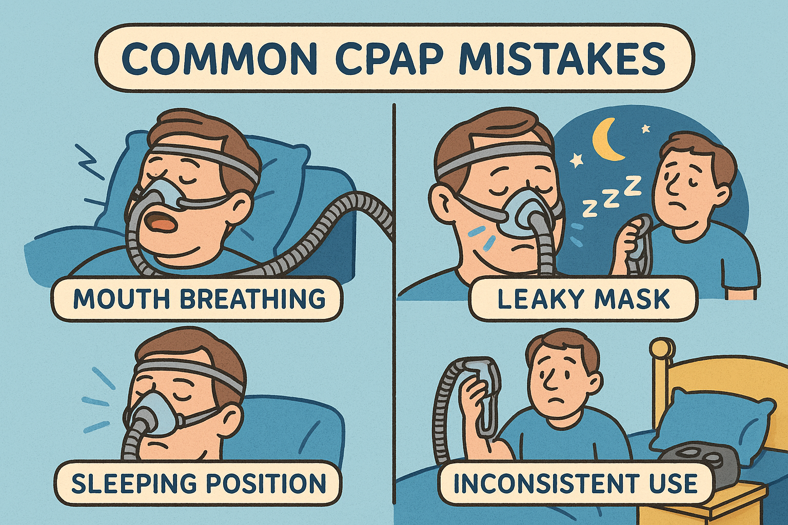 common CPAP mistakes: Mouth Breathing, Leaky Mask, Sleeping Position, and Inconsistent Use.